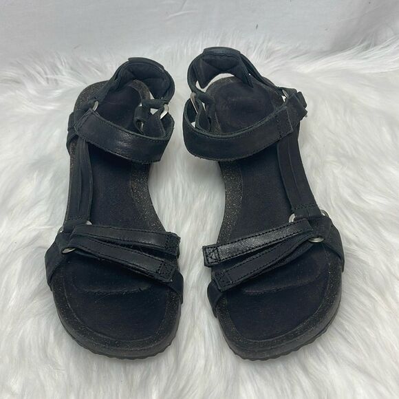 Teva Ysidro Black Leather Wedge Strappy Sandals Sz 8 - Picture 2 of 6